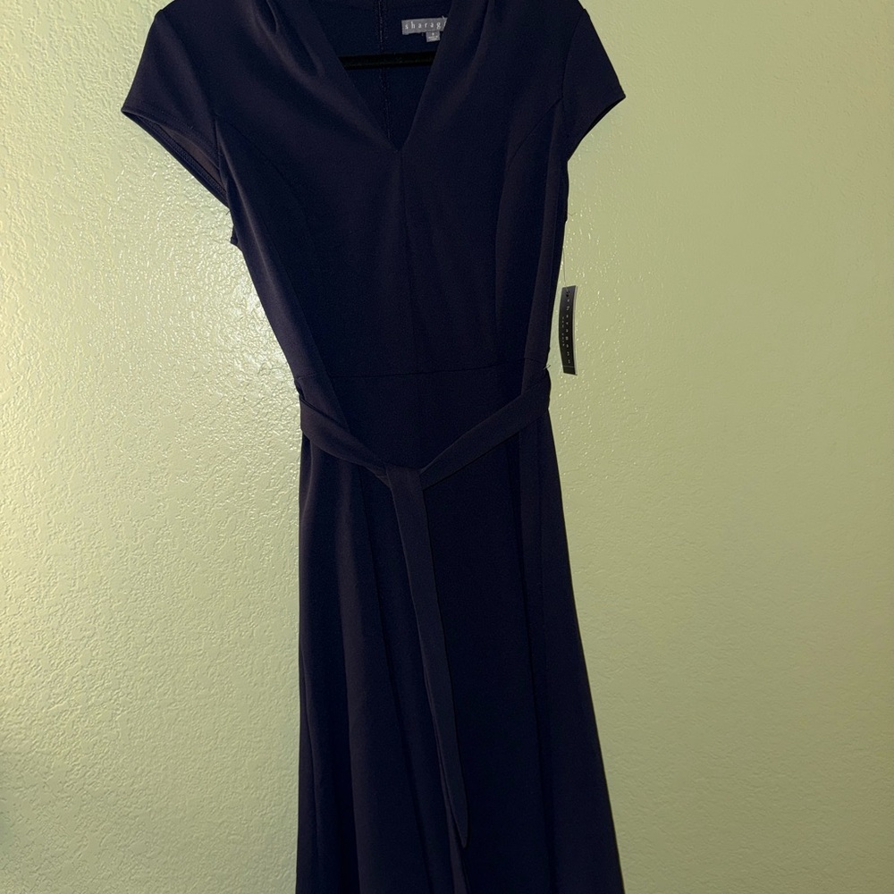 Sharagano Navy Blue Dress with Cowl Neck and Cap Sleeves
